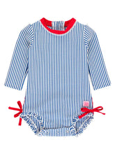 Load image into Gallery viewer, Baby Girls Blue Seersucker Long Sleeve One Piece Rash Guard