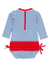 Load image into Gallery viewer, Baby Girls Blue Seersucker Long Sleeve One Piece Rash Guard