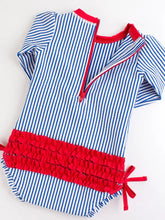 Load image into Gallery viewer, Baby Girls Blue Seersucker Long Sleeve One Piece Rash Guard