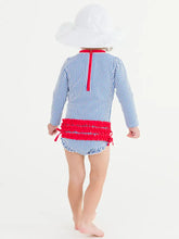 Load image into Gallery viewer, Baby Girls Blue Seersucker Long Sleeve One Piece Rash Guard