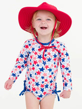 Load image into Gallery viewer, Baby Girls Shimmer Star-Spangled Long Sleeve One Piece Rash Guard