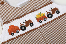 Load image into Gallery viewer, Brown Gingham Pumpkin and Corn Tractor Smocked Overalls
