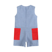 Load image into Gallery viewer, Blue Gingham Farm Animal Tractor Pocket Shortalls
