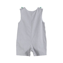 Load image into Gallery viewer, Gray Gingham Green Tractor Applique Shortalls
