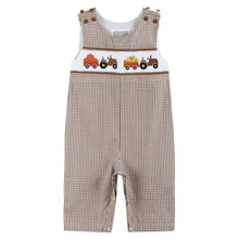 Load image into Gallery viewer, Brown Gingham Pumpkin and Corn Tractor Smocked Overalls
