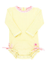 Load image into Gallery viewer, Baby Girls Banana Yellow Seersucker Long Sleeve One Piece Rash Guard
