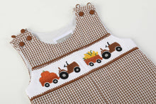 Load image into Gallery viewer, Brown Gingham Pumpkin and Corn Tractor Smocked Overalls
