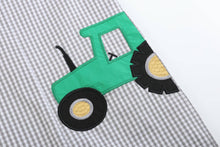 Load image into Gallery viewer, Gray Gingham Green Tractor Applique Shortalls
