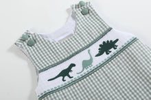 Load image into Gallery viewer, Green Gingham Dinosaur Smocked Shortalls
