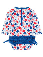 Load image into Gallery viewer, Baby Girls Shimmer Star-Spangled Long Sleeve One Piece Rash Guard
