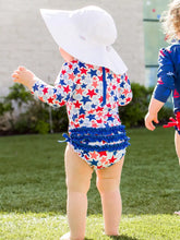 Load image into Gallery viewer, Baby Girls Shimmer Star-Spangled Long Sleeve One Piece Rash Guard
