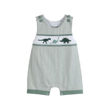 Load image into Gallery viewer, Green Gingham Dinosaur Smocked Shortalls
