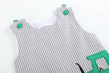 Load image into Gallery viewer, Gray Gingham Green Tractor Applique Shortalls

