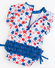 Load image into Gallery viewer, Baby Girls Shimmer Star-Spangled Long Sleeve One Piece Rash Guard
