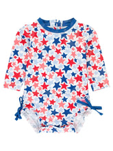 Load image into Gallery viewer, Baby Girls Shimmer Star-Spangled Long Sleeve One Piece Rash Guard
